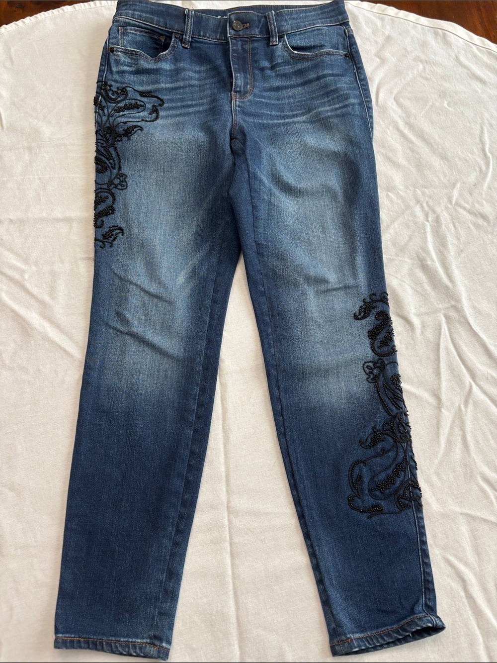 WHBM Blue Skinny Jeans with Black beading down sides. Size 4S